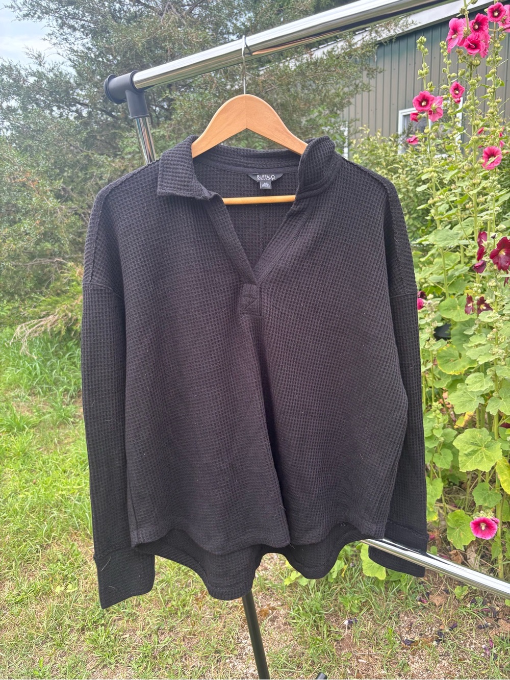 Buffalo David Bitton Black Waffle-Knit V-Neck Pullover Sweater